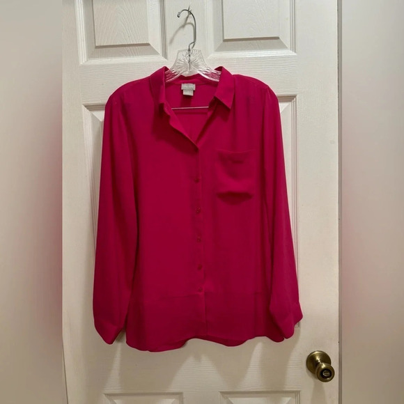 Chico’s Long Sleeve Button Up Chiffon Hot Pink Office Size 0 US 4/6 Small - Picture 1 of 8